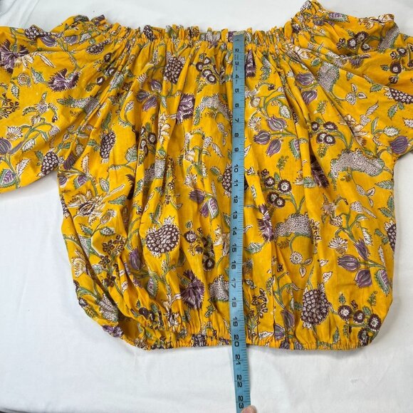 Floral Block Print Blouse Off Shoulder peasant Boho Yellow M/L - Picture 4 of 7